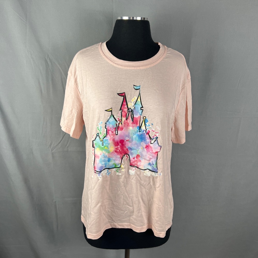 Women Castle Watercolor Graphic T Shirt Large Peach Pink Cotton Ribbed Crew Neck